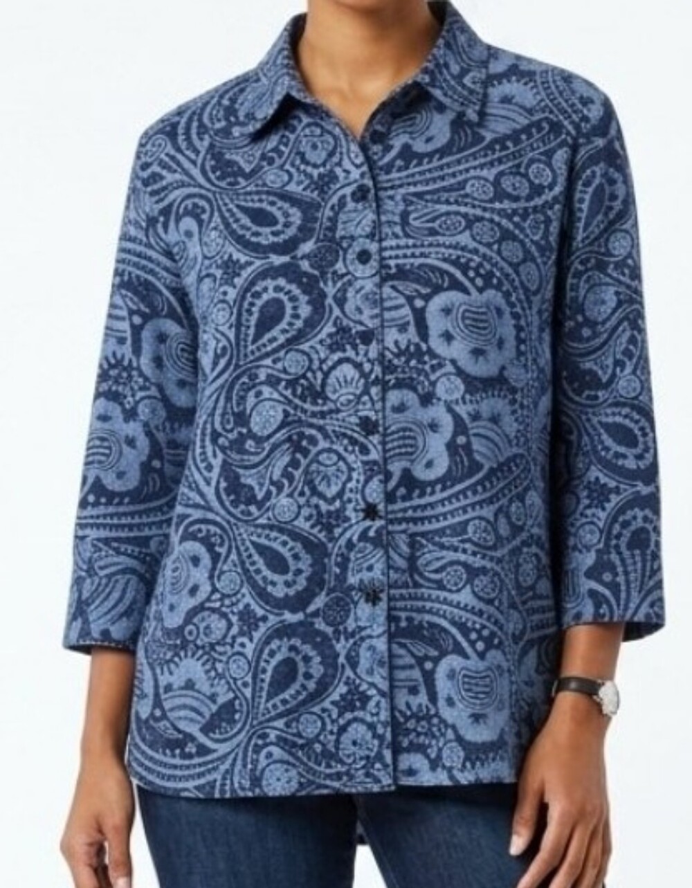 Westbound Woman Women's 100% Cotton Blouse 3/4 Sleeve Paisley Floral Blue Sz 1X
